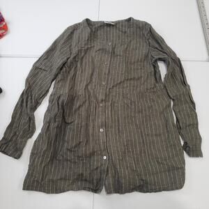 Pure Jill Linen Tunic Shirt Womens Small Green Stripe Long Sleeve Button Front